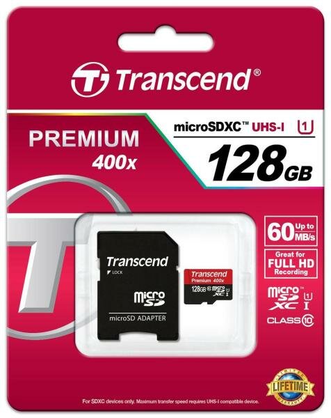 Карта памяти Micro SDXC 128Gb Class 10 Transcend TS128GUSDU1 400x + адаптер SD