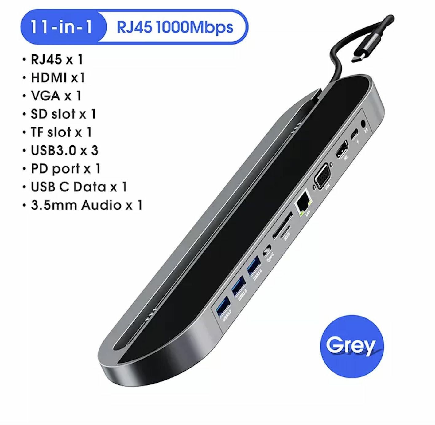 USB хаб 1 в 11 для iPad Pro Air, HDMI, RJ-45, USB 3.0, USB type C, серый