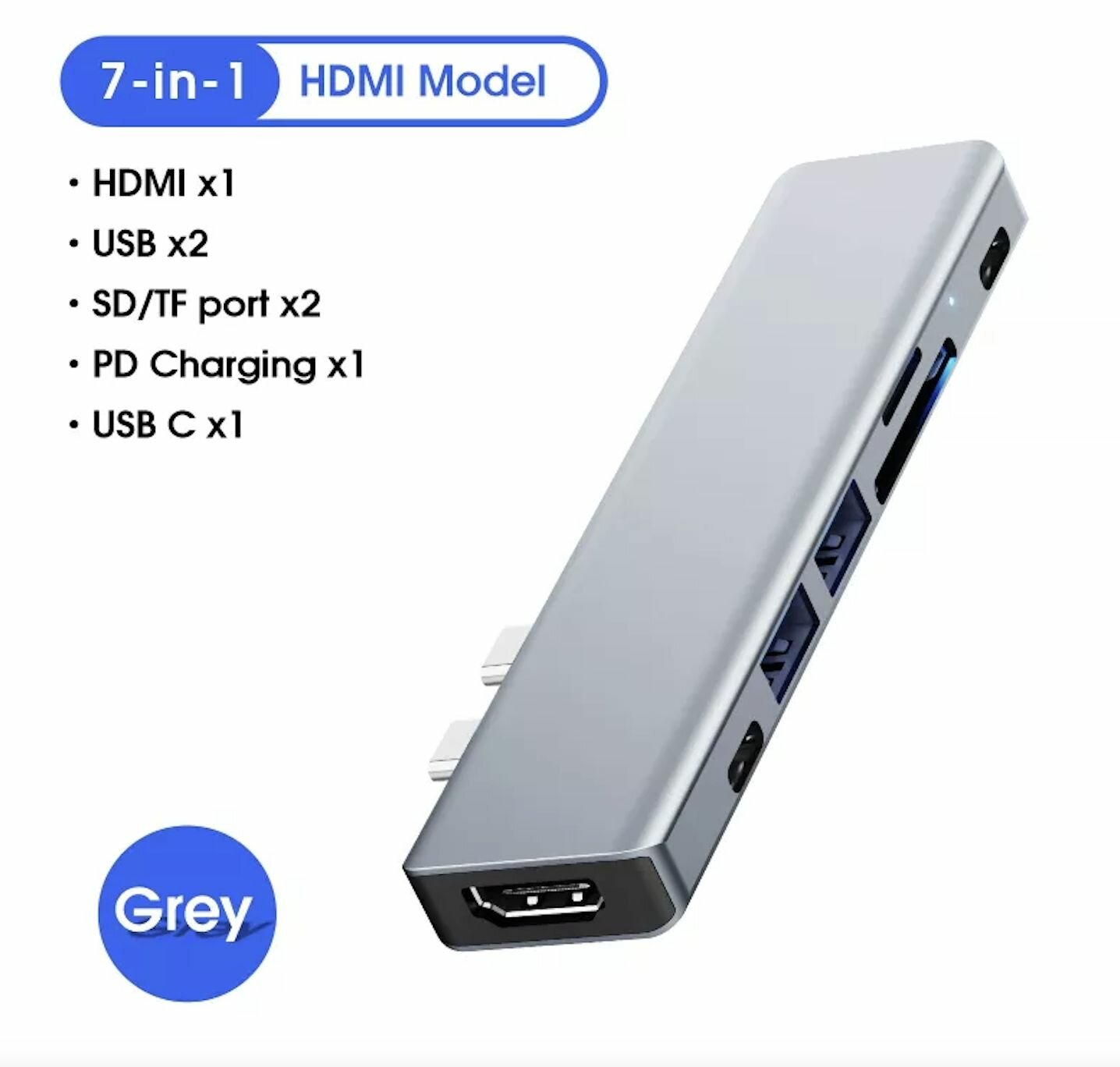USB хаб 7 в 1, Type C, HDMI, USB 3.0, USB 2.0,/TF/SD/micro SD card, PD charging, grey