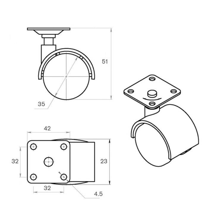 Колесо мебельное, d=35 мм, на площадке, прозрачное - фотография № 2
