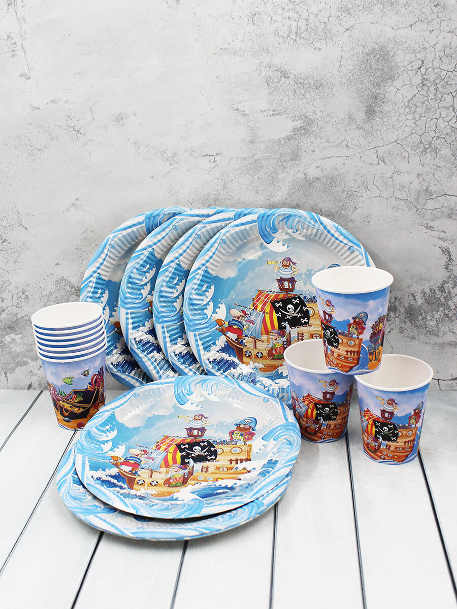 Набор одноразовой посуды "Пираты" для праздника (10 стаканов, 10 тарелок) - фотография № 2