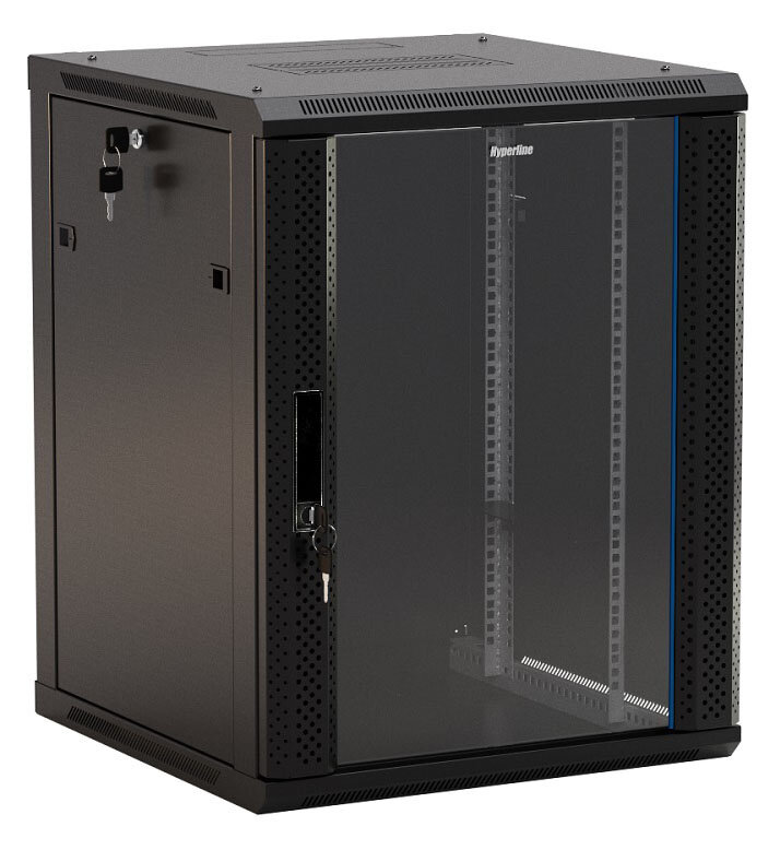 Hyperline TWB-0966-GP-RAL9004 Шкаф настенный 9U 500x600х600мм, стеклянная дверь с перфорацией по бокам, ручка с за