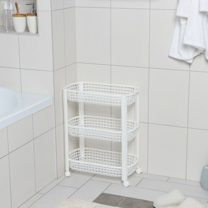 фото Этажерка напольная 3-х секционная, на колёсиках, цвет белый