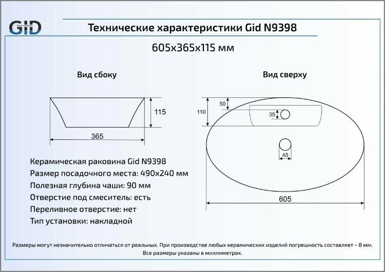 Раковина Gid N9398 белая - фото №2