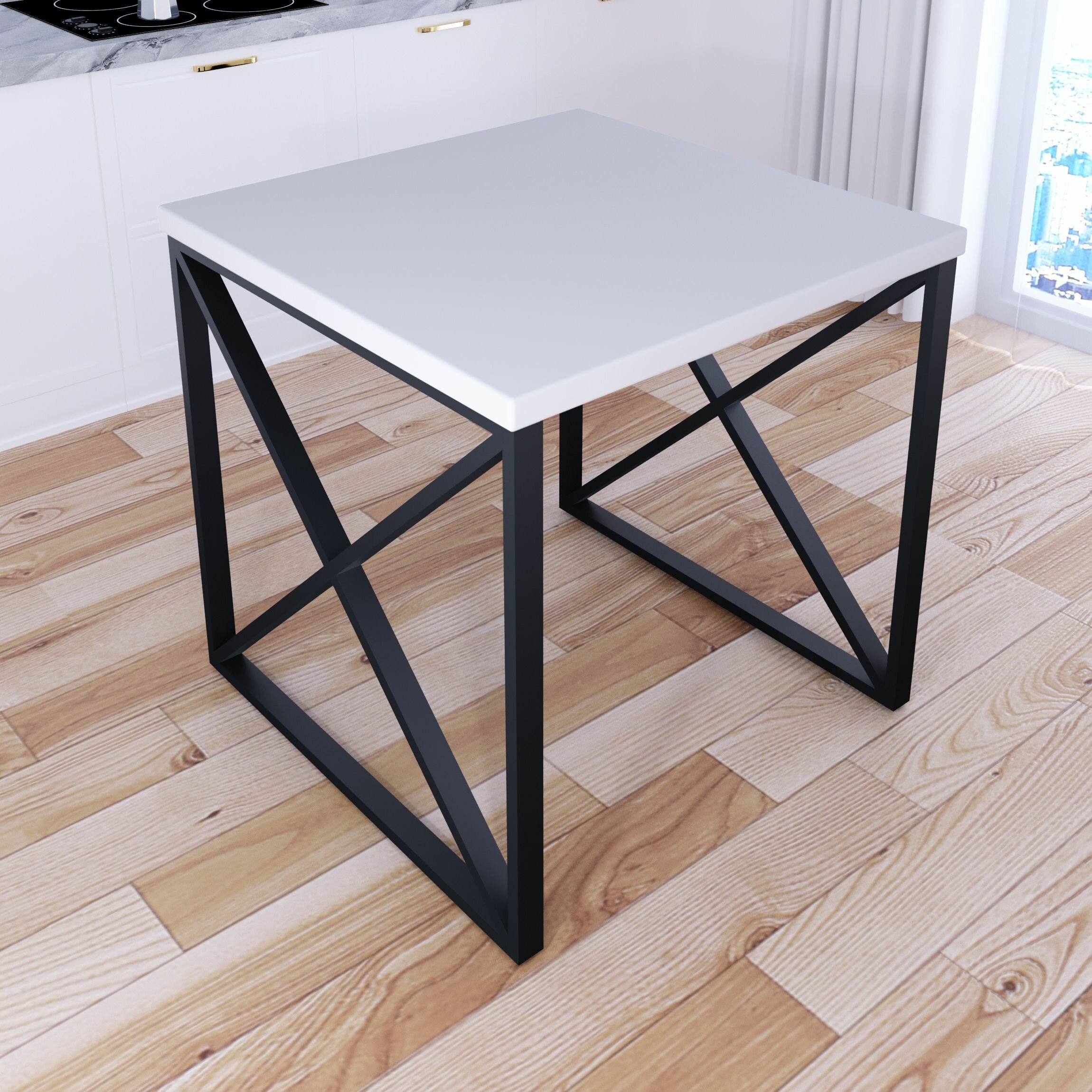 Стол кухонный Loft с квадратной белой столешницей из массива сосны 40 мм и черными металлическими крестообразными ножками, 60x60х75 см - фотография № 2
