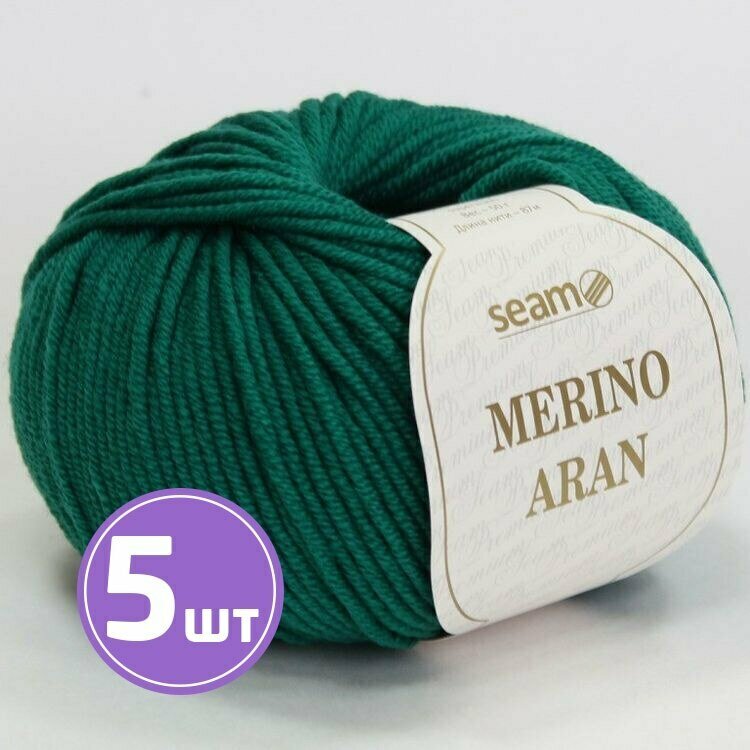 Пряжа для вязания крючком спицами SEAM Сим Сеам Merino Aran средняя, шерсть мериносовая 100%, цвет 19 бирюзово-зеленый 5 шт. по 50 г, 87 м