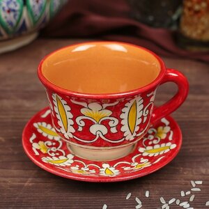 Фото Чайная пара Риштанская Керамика 100мл (тарелка 10см чашка 7,5см) красная