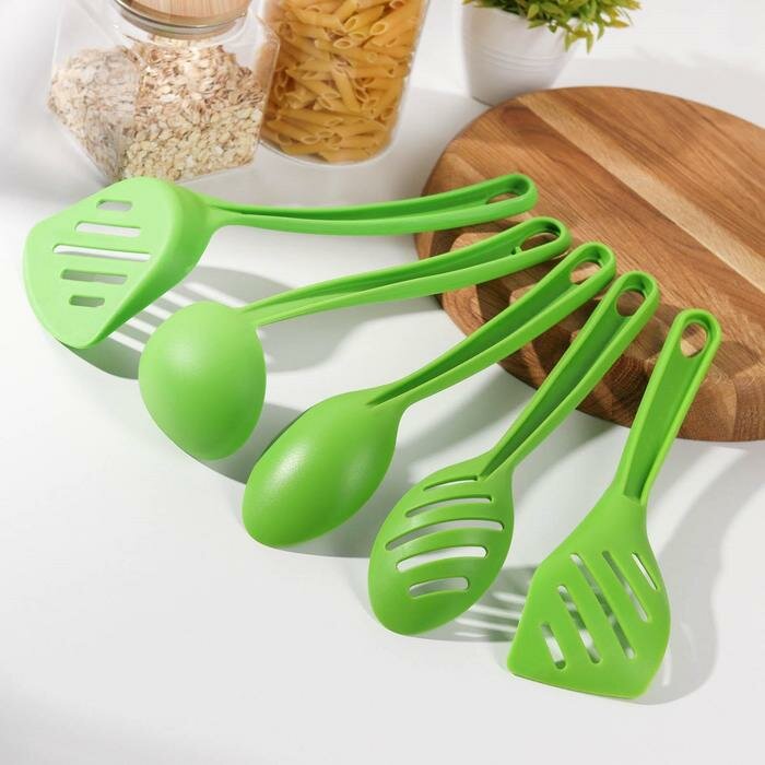 Набор кухонных принадлежностей Доляна «Точки», 5 предметов, цвет зелёный - фотография № 2