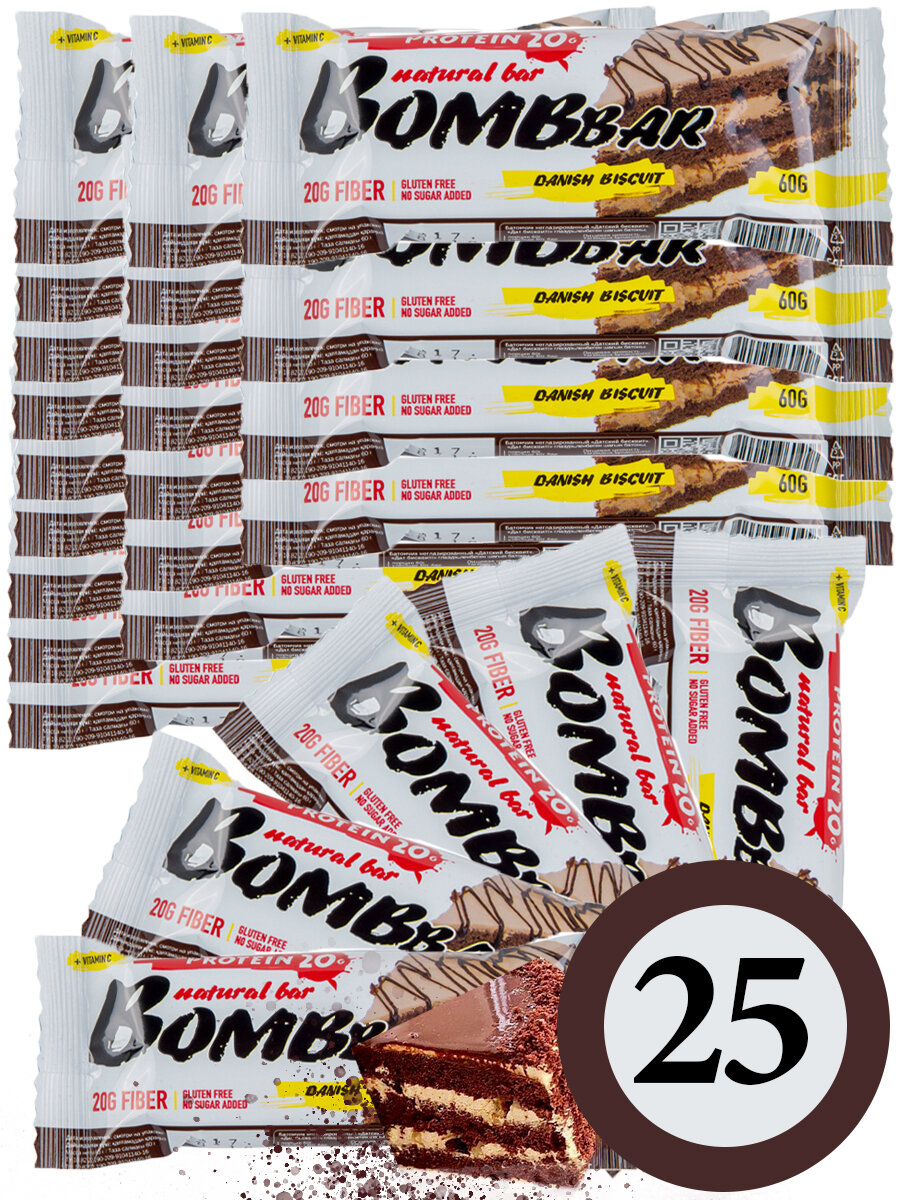 Протеиновый батончик Bombbar Protein Bar 25 x 60 г, Датский бисквит