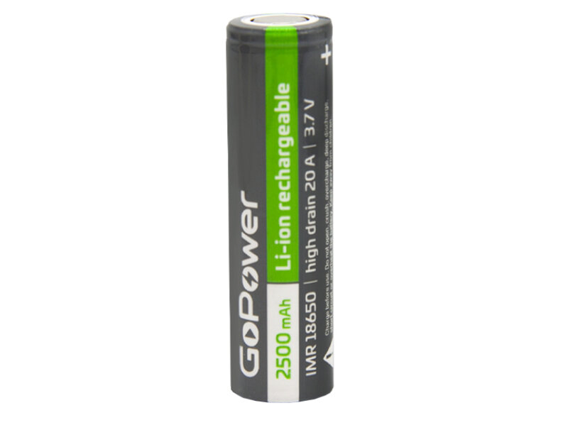 Аккумулятор GoPower Li-ion IMR18650 PC1 20A 3.7V 2500mAh без защиты выс.ток плос.конт. 00-00018356