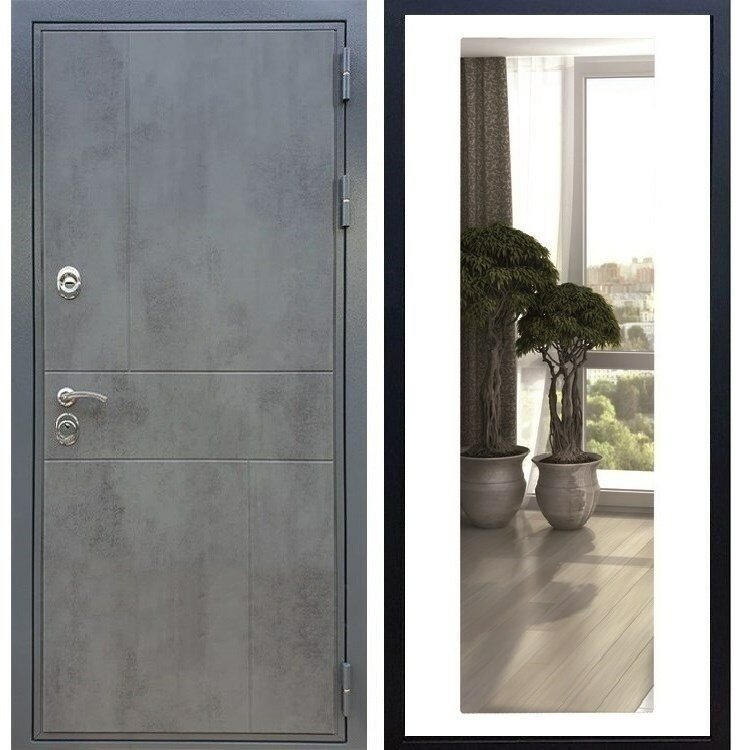 Входная металлическая дверь с зеркалом RеХ (рекс) Премиум 290 Темный бетон / 2 XL СБ-17 Силк сноу (белый матовый без текстуры)