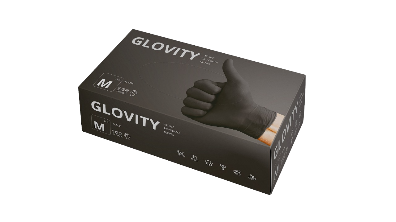 Коробка перчаток GLOVITY из нитрила 1000 штук 10 упаковок по 100 перчаток (чёрные размер М) - фотография № 2