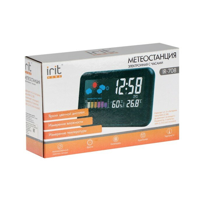 Метеостанция Irit IR-708, будильник, часы, календарь, термометр, цветной дисплей, 3хААА - фотография № 7