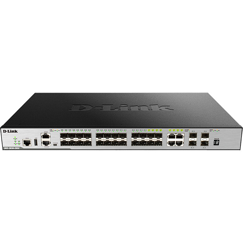 D-Link Коммутатор DGS-3630-28SC/A1ASI,DGS-3630-28SC/*SI Managed L3 Stackable Switch 20x1000Base-X SFP, 4x10GBase-X SFP+, 4xCombo 1000Base-T/SFP, Surge 6KV, CLI, 1000Base-T Management, RJ45 Console, mini-USB Console, USB, RPS, Alarm RJ-45, Dying Gasp, Stan