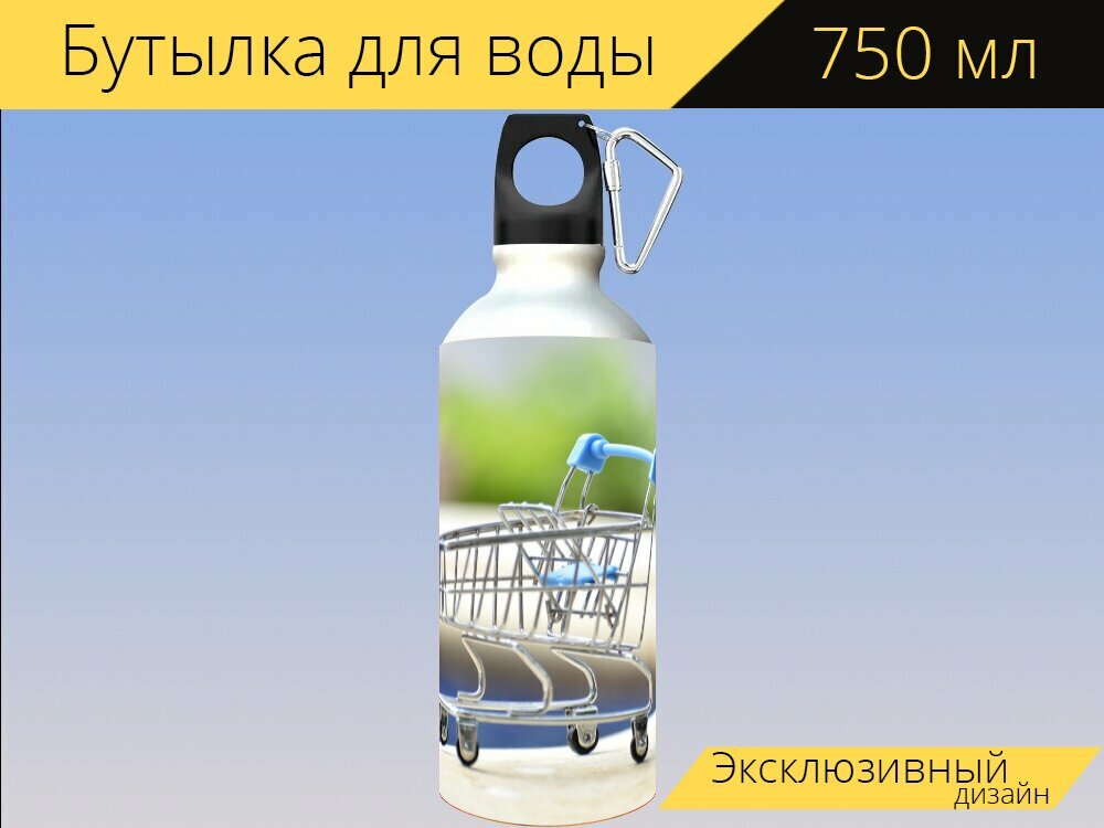 фото Бутылка фляга для воды "Тележка, поход по магазинам, миниатюра" 750 мл. с карабином и принтом