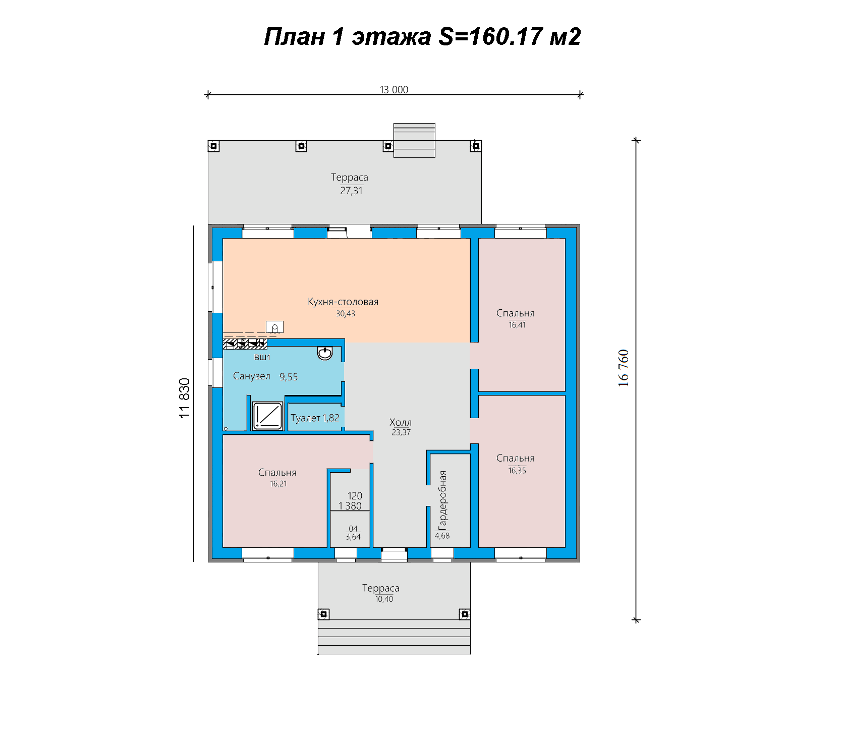 Проект одноэтажного дома SD-proekt 11-0076 (160,17 м2, 13,0*11,83 м, керамический блок 380 мм, облицовочный кирпич) - фотография № 5
