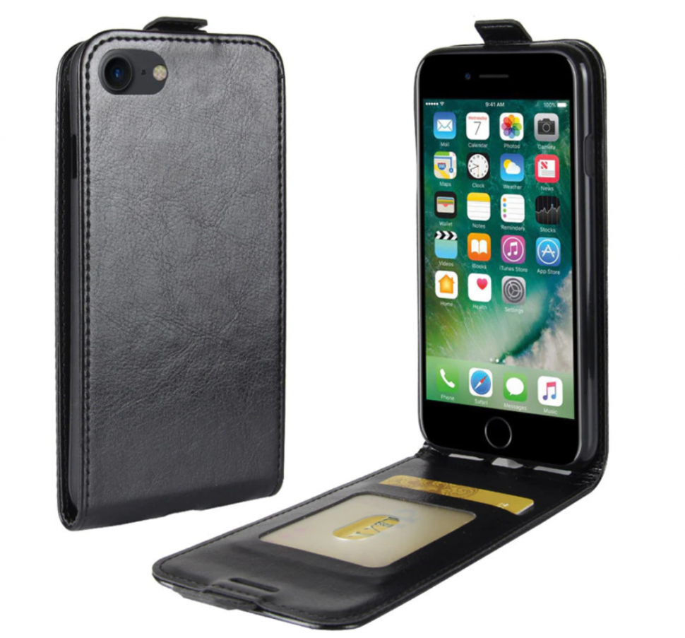 Кожаный чехол с флипом для iPhone 7 / 8 / SE 2020 / 2022 Leather Flip Case (Black)