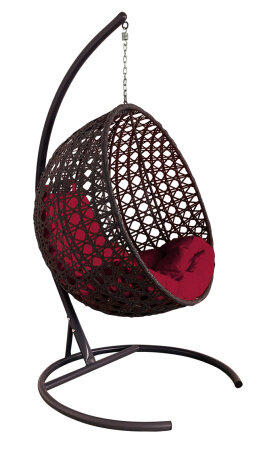 Подвесное кресло кокон M-GROUP круг люкс с ротангом коричневое+бордовая подушка - фотография № 1