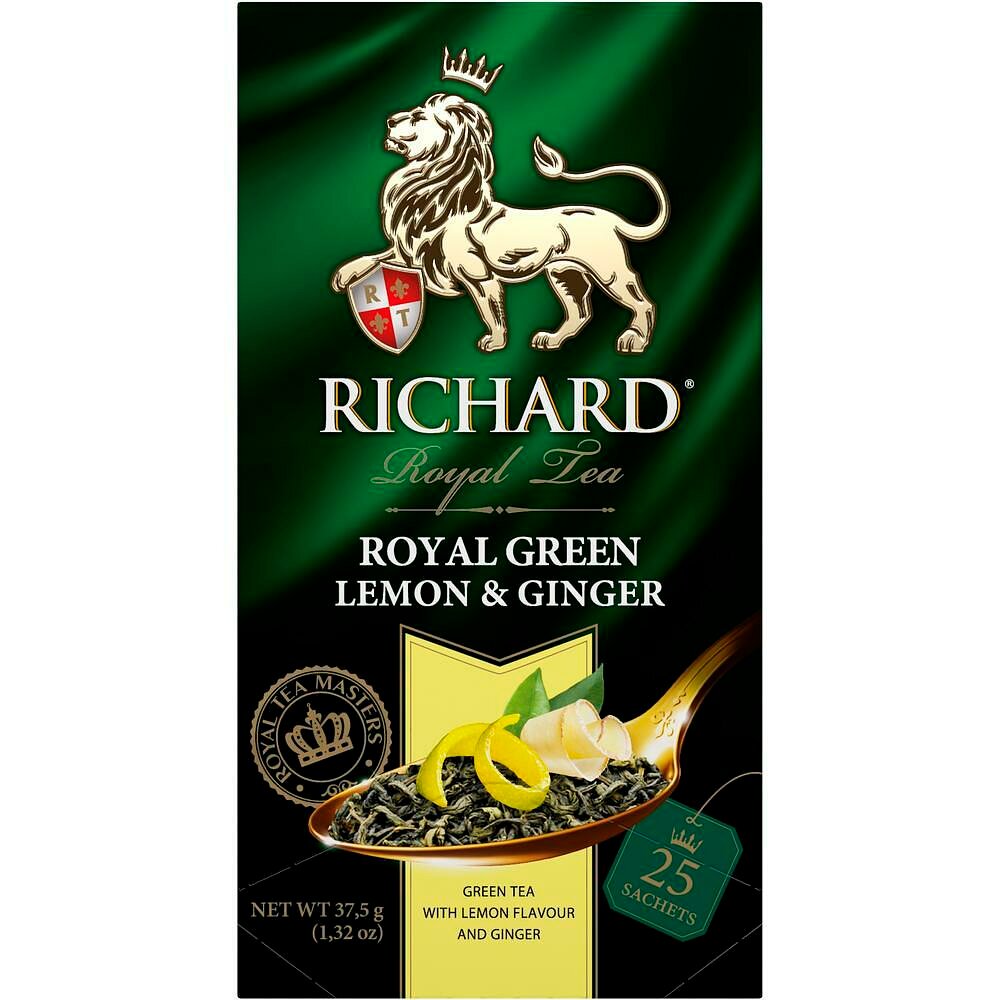 Упаковка из 12 штук Чай зеленый Richard Royal Green Lemon&Ginger (1,5г х 25)(300 пакетиков с ярл. в конверте)