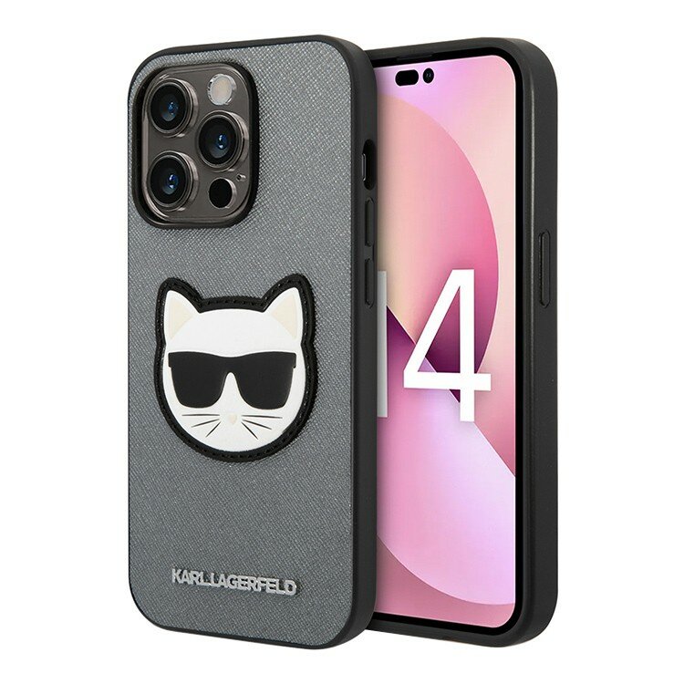 Karl Lagerfed Чехол Lagerfeld PU Saffiano Choupette head Patch Hard для iPhone 14 Pro, серебристый