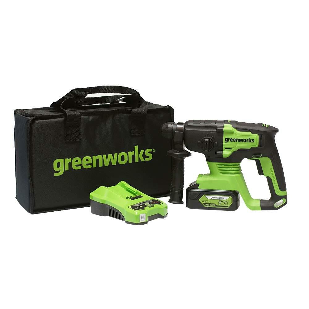 Перфоратор аккумуляторный Greenworks GD24SDS2K4 (3803007UB) 2 Дж 24В 1х4Ач Li-Ion SDS-plus с АКБ и ЗУ - фотография № 1