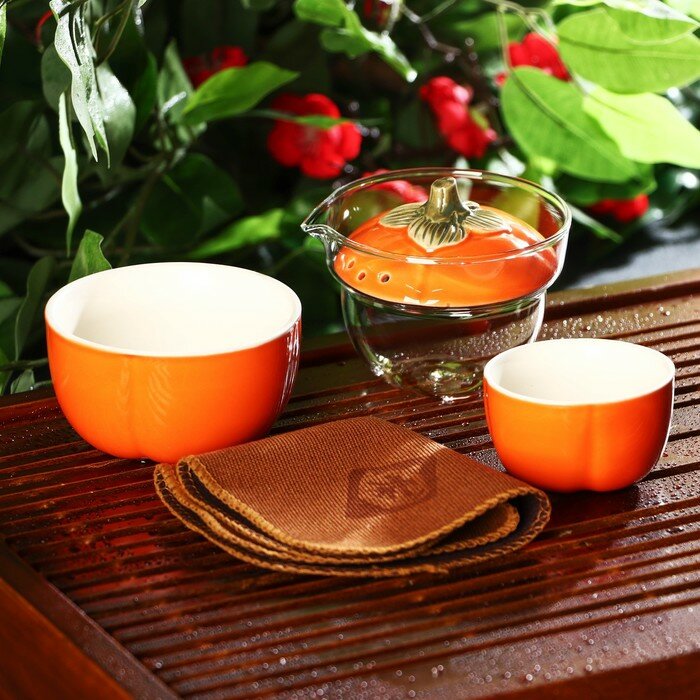 Набор для чайной церемонии керамический «Тыква» 5 предметов: гайвань 200 мл малая чаша 60 мл большая чаша 210 мл тряпка сумка посуда для Хэллоуина цвет оранжевый