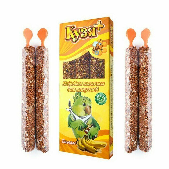 Лакомство для птиц, КУЗЯ+, Медовые палочки, для попугаев, Банан (4шт), 1 уп.