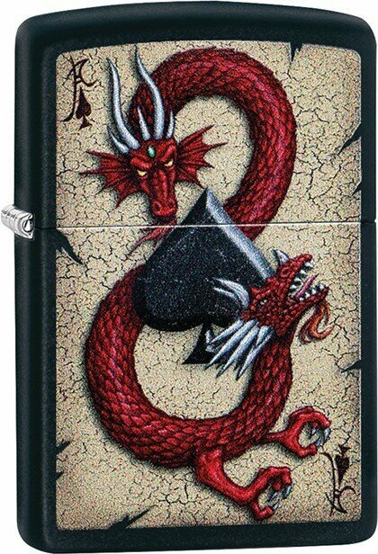 Оригинальная бензиновая зажигалка ZIPPO Classic 29840 Dragon Ace Design с покрытием Black Matte — Дракон и Туз Пик