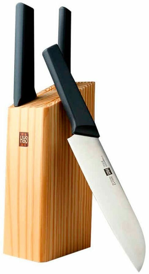 Набор стальных ножей (3 ножа + деревянная подставка из сосны) Xiaomi (Mi) HuoHou 4-Piece Kitchen Knife Set Lite (HU0059), русская версия!!!, черный