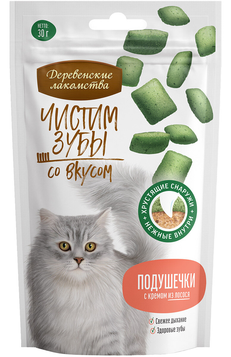 фото Лакомства деревенские чистим зубы для кошек подушечки с кремом из лосося 30 гр NEW