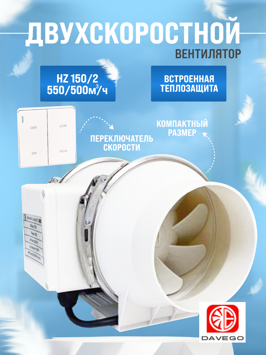 Канальный вентилятор пластиковый HZ 150/2 двухскоростной с переключателем скоростей