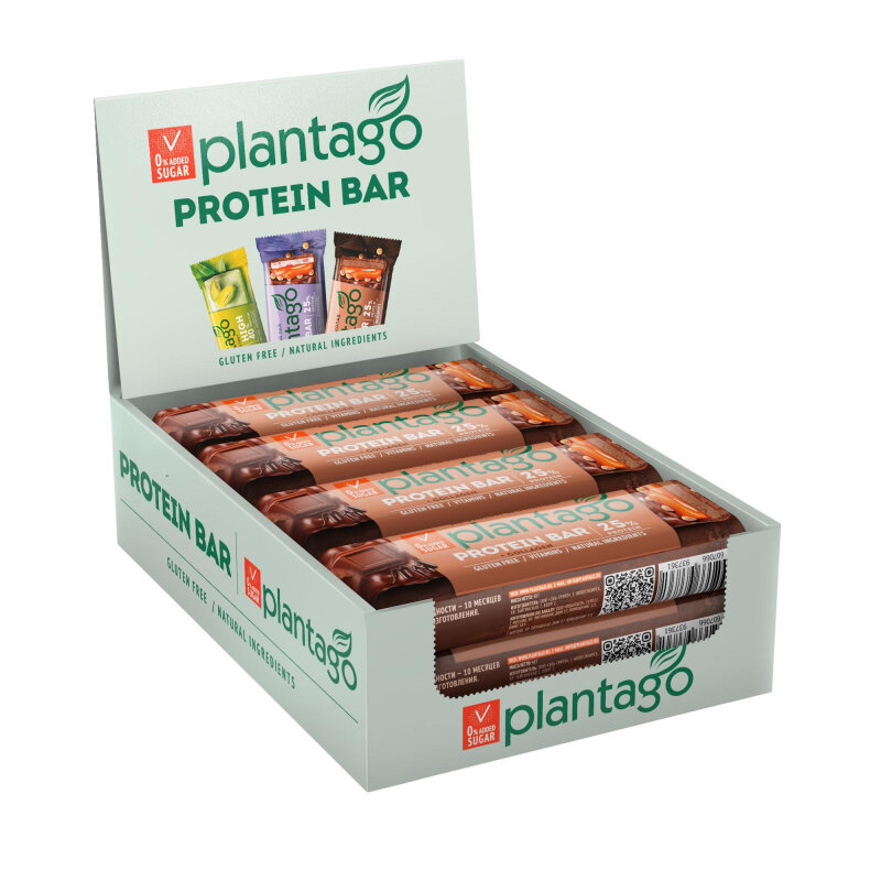 Батончик Plantago Двойной шок. с выс.сод.бел.25%, кол.,вит.ком.,40гх12шт/уп - фотография № 1