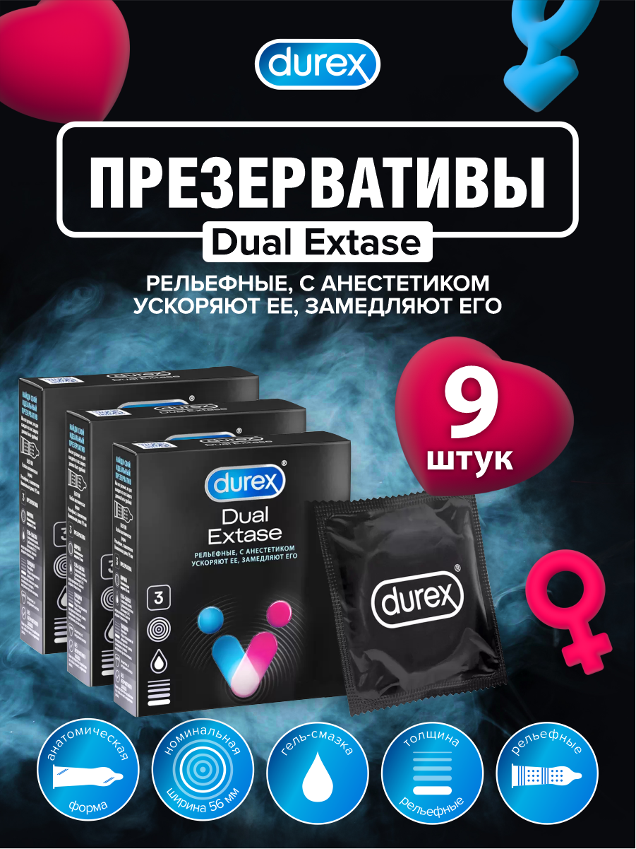 Презервативы DUREX Dual Extase рельефные с анестетиком 3 шт./упак. х 3 уп.