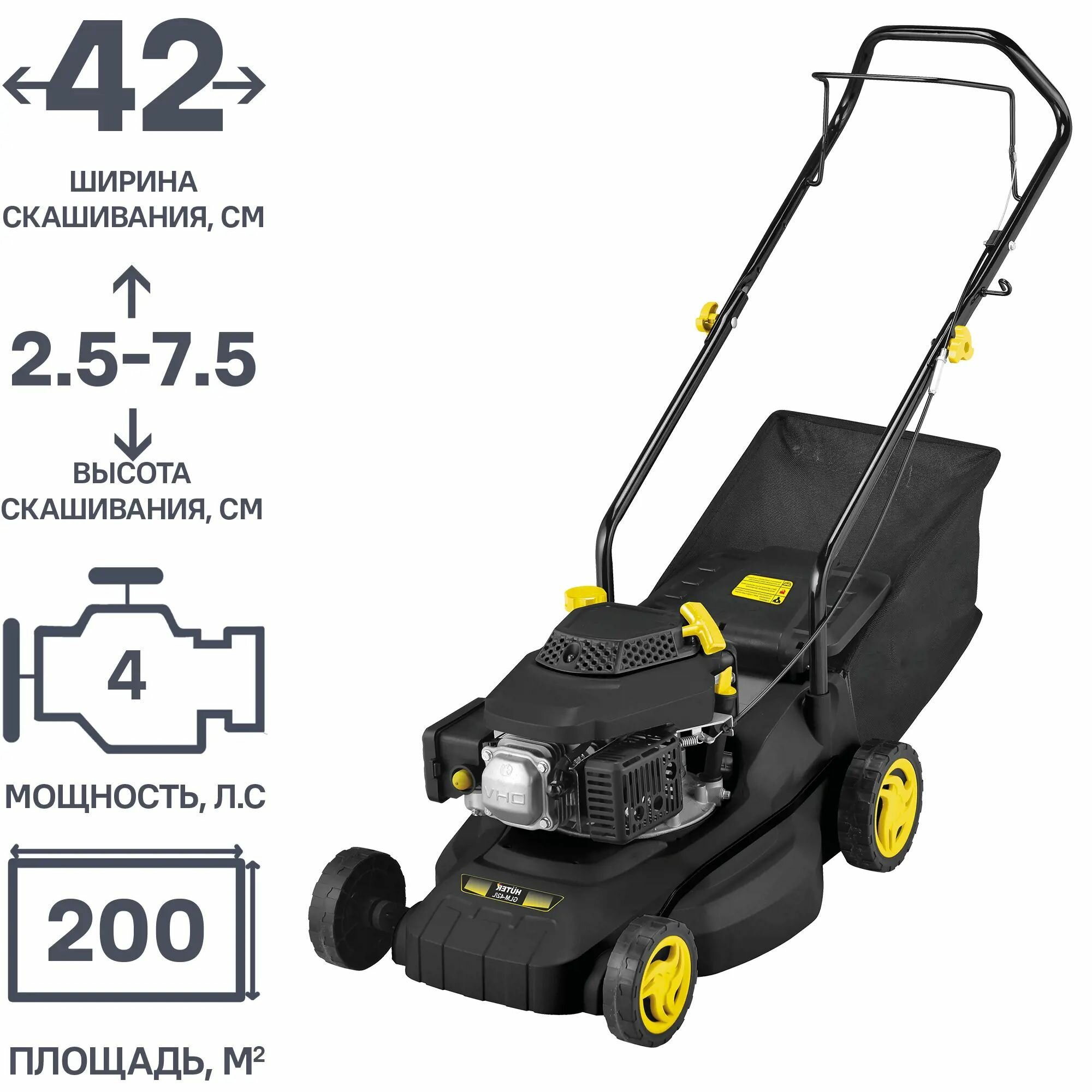 Газонокосилка бензиновая несамоходная Huter GLM-42/L л.с 42 см - фотография № 1