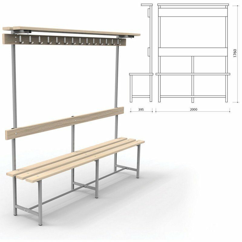 Скамья с вешалкой, спинкой и полкой "СВТ 9", 1760х2000х395 мм, 14 крючков, каркас металлический серый, сиденье титан