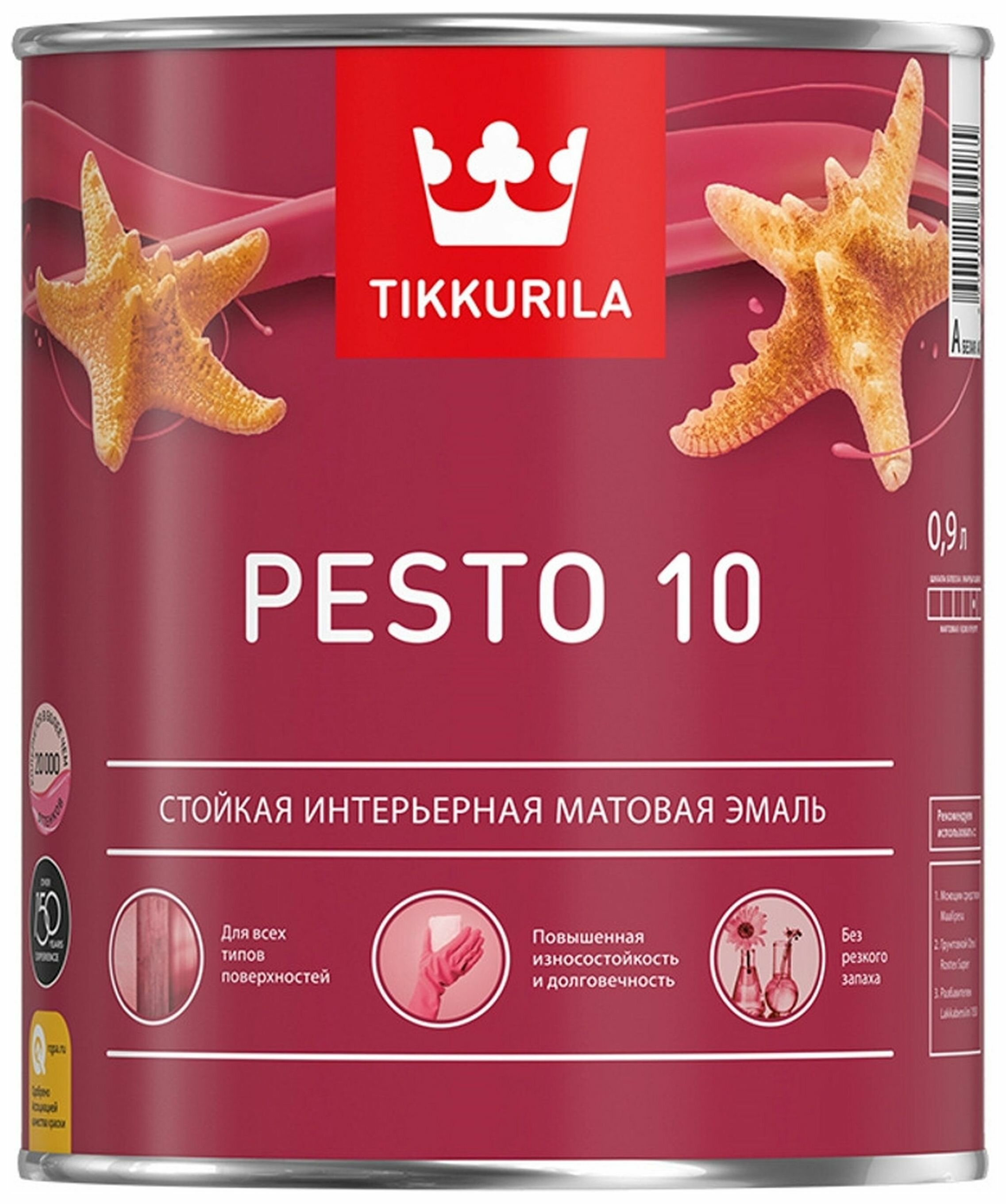 Эмаль алкидная (А) Tikkurila Pesto 10 база A, А, матовая, белый, 0.9 кг, 0.9 л