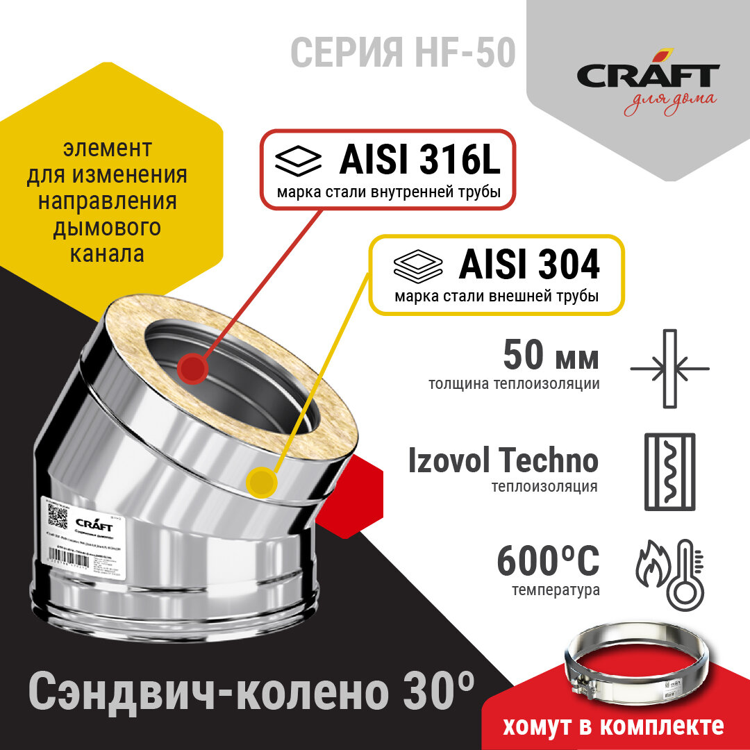 Craft HF-50 сэндвич-колено 30° (316/0,8/304/0,5) Ф250х350 - фотография № 2