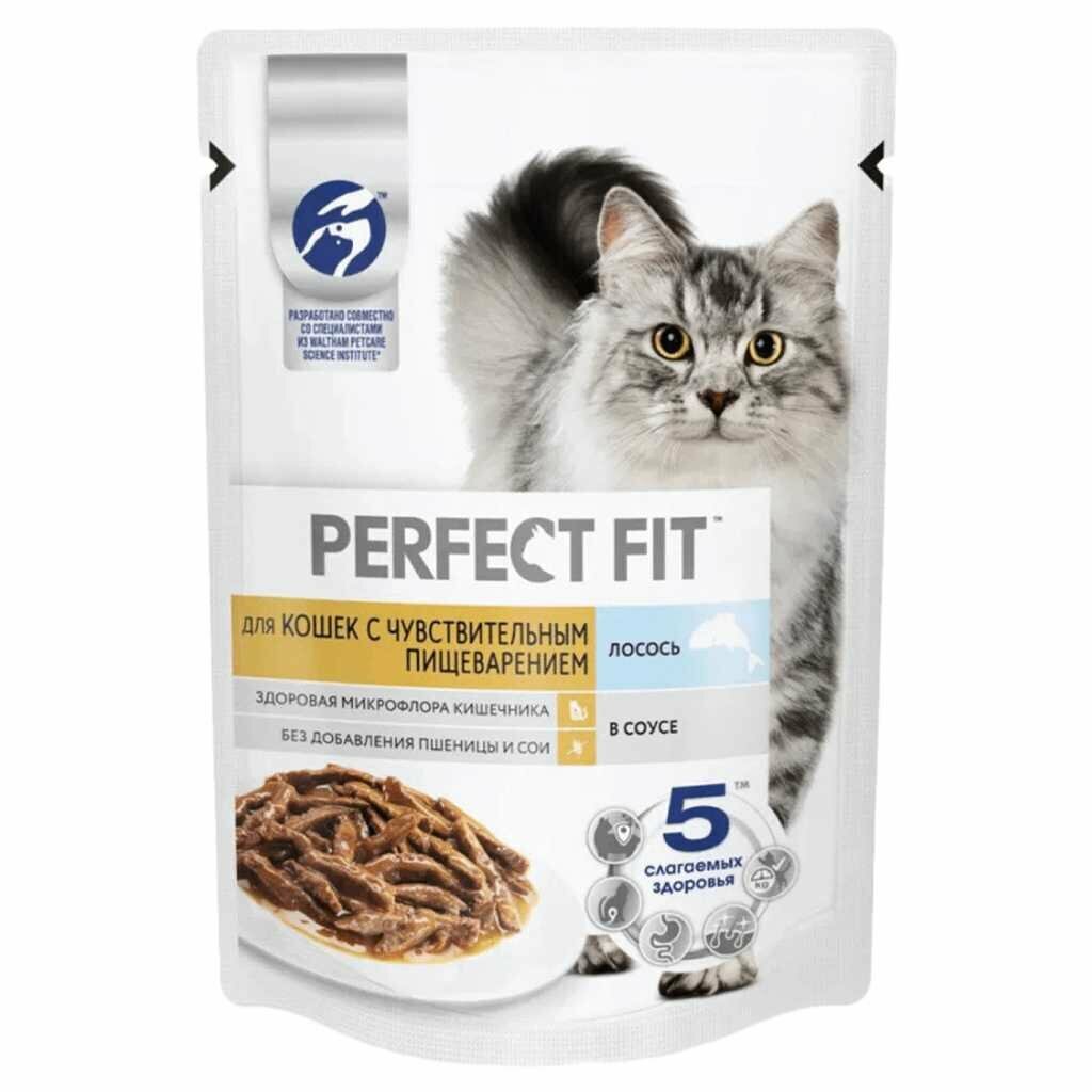 Корм для животных Perfect Fit, 75 г, для кошек с чувствительным пищеварением, кусочки в соусе, лосось, N1804. 415606