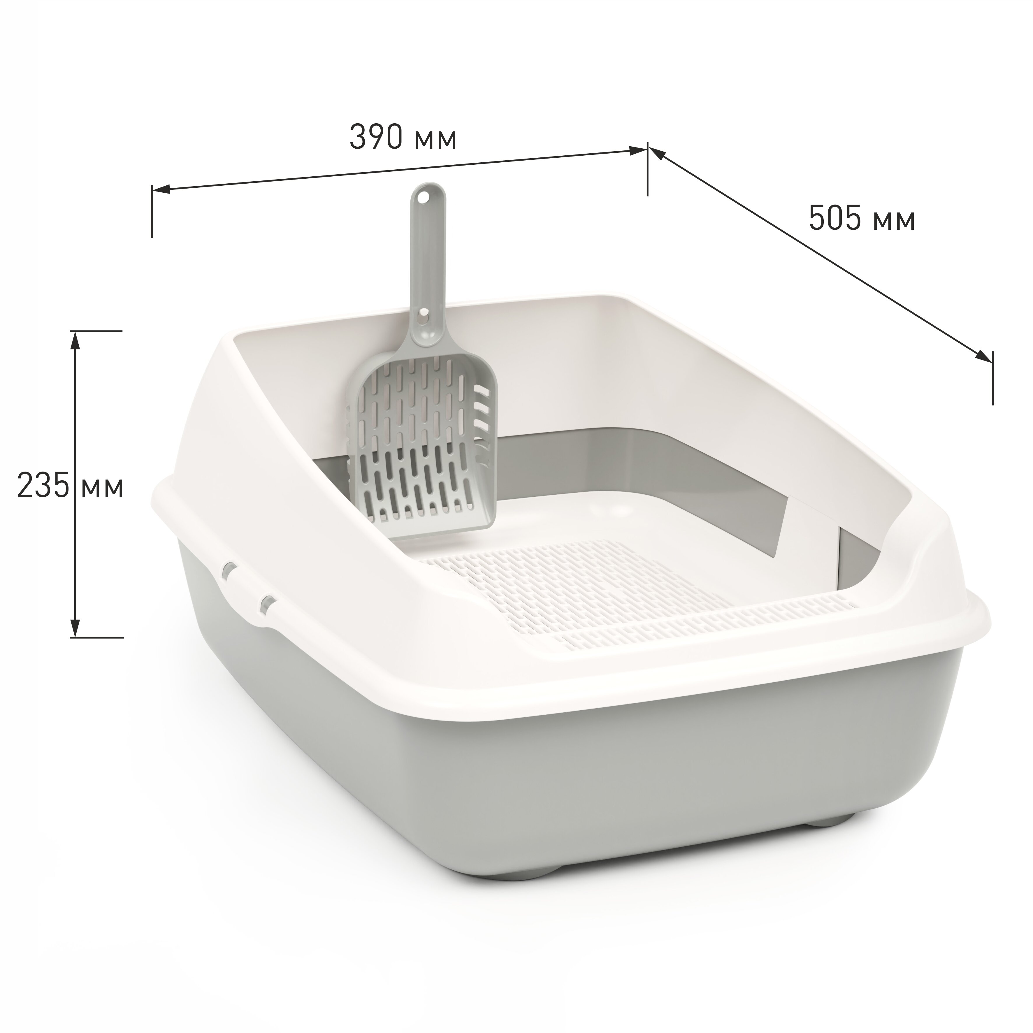 Лоток для кошек с высоким бортом, сеткой и совком серый - фотография № 2