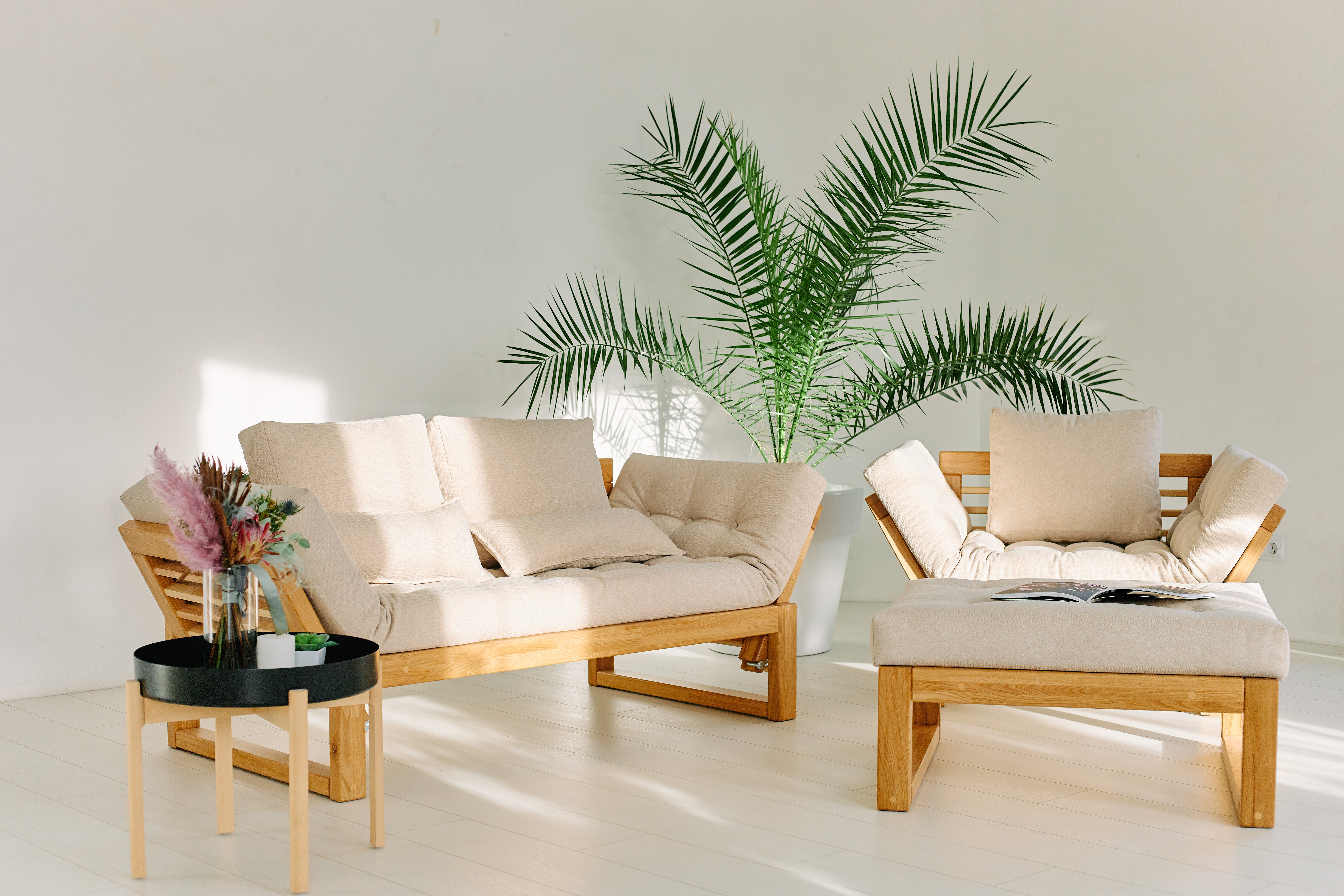 Садовый диван Soft Element Бьерк, мятный, деревянный, раскладные подлокотники, с подушками, рогожка, на террасу, на веранду, для дачи, для бани - фотография № 6