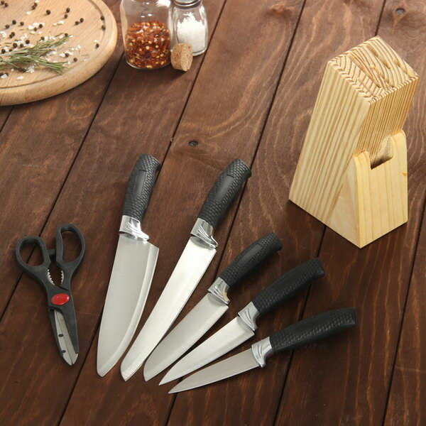 Набор кухонный, 6 предметов: 5 ножей 8.5 см, 12 см, 12 см, 19.7 см, 19 см, ножницы, цвет чёрный