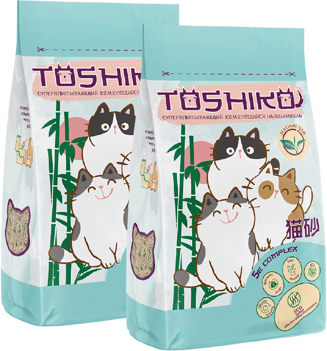 TOSHIKO наполнитель древесный комкующийся для туалета кошек с ароматом зеленого чая (5 + 5 л)