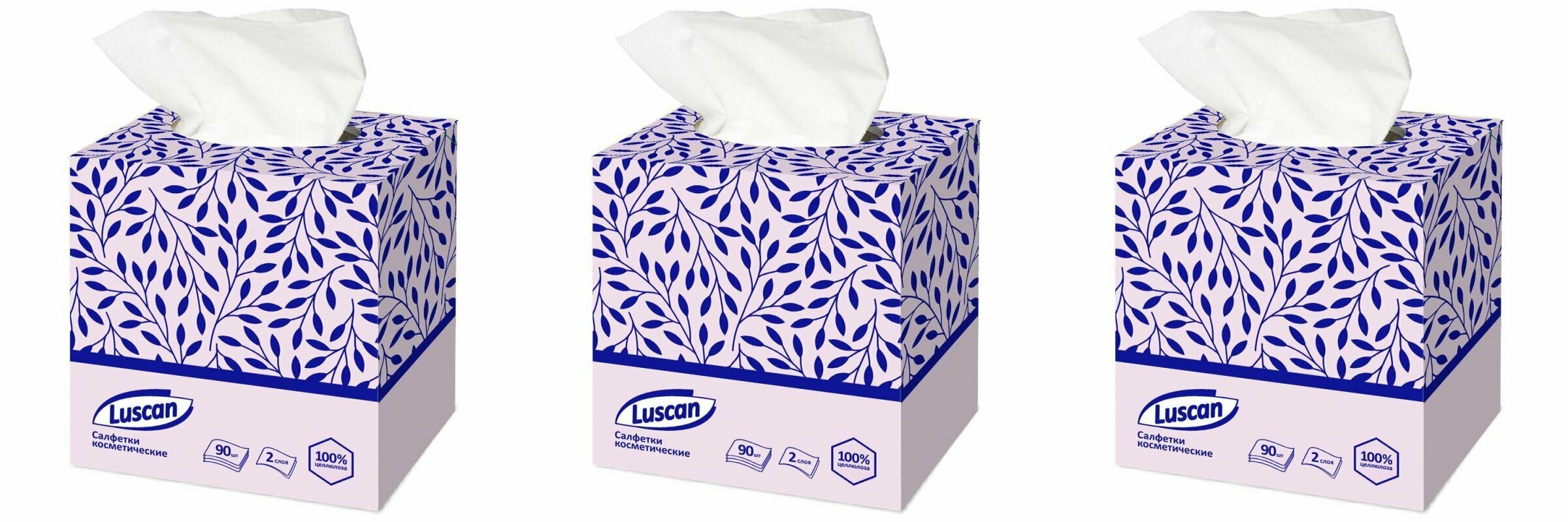 фото Luscan Салфетки косметические 2 слоя белые, 90 шт/уп в кубе, 3 уп