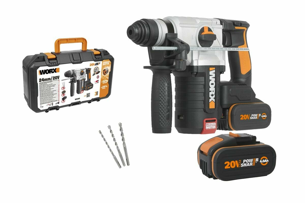 Перфоратор аккумуляторный бесщеточный WORX WX380, 20В, 4Ач x2, ЗУ 2А, кейс