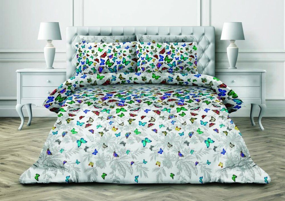 1.5 спальное постельное белье из поплина белое с разноцветными бабочками