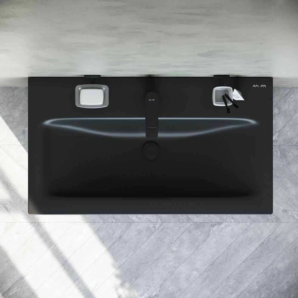 Тумба с раковиной в ванную AM.PM с донным клапаном черный, подвесная, 75 см, 2 ящика push-to-open, черный матовый, эмалевое покрытие, Германия - фотография № 4
