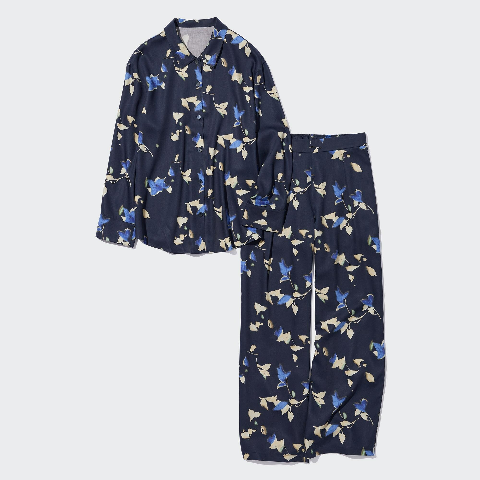 Узорчатая атласная пижама с длинными рукавами, темно-синий, S - фотография № 4