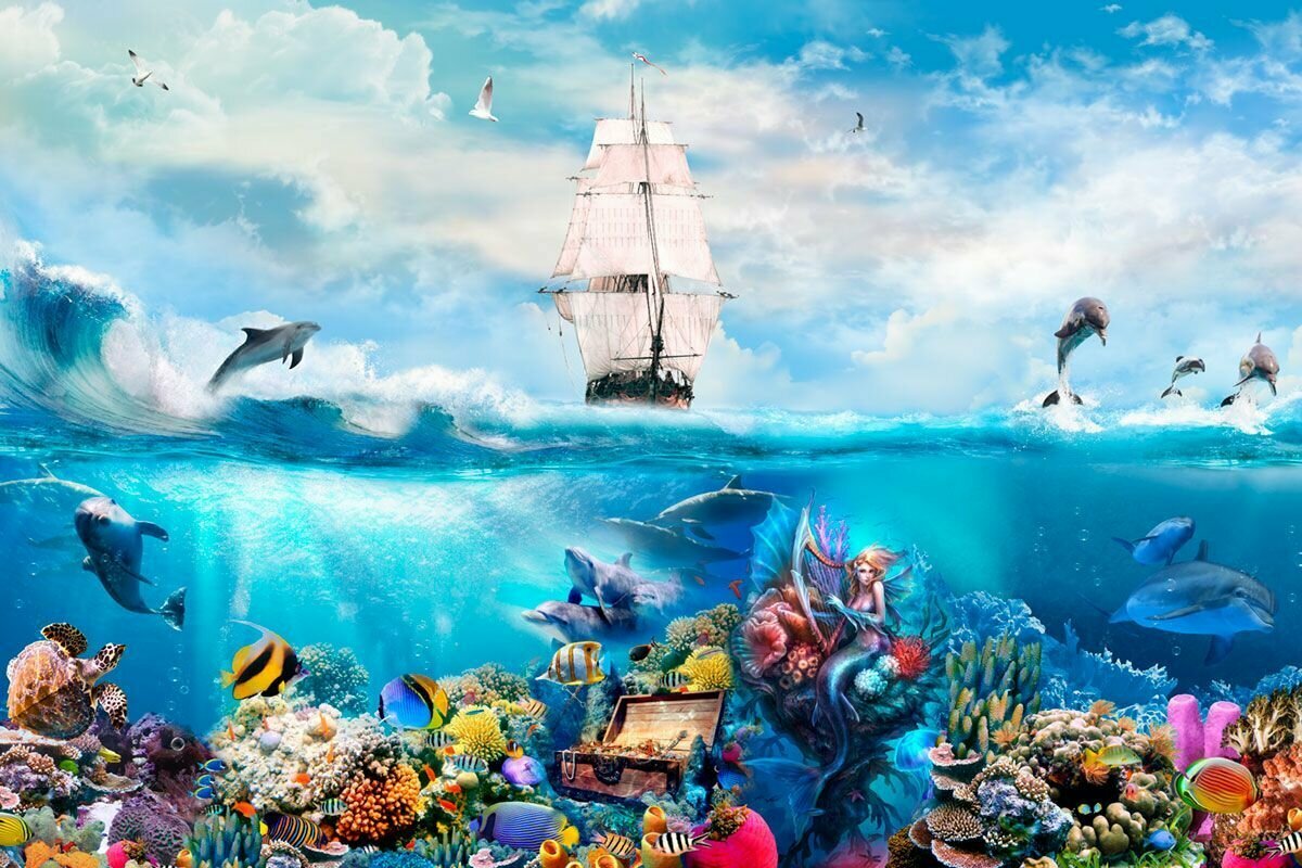 Моющиеся виниловые фотообои Океан. Дельфины и корабль 300х200 см