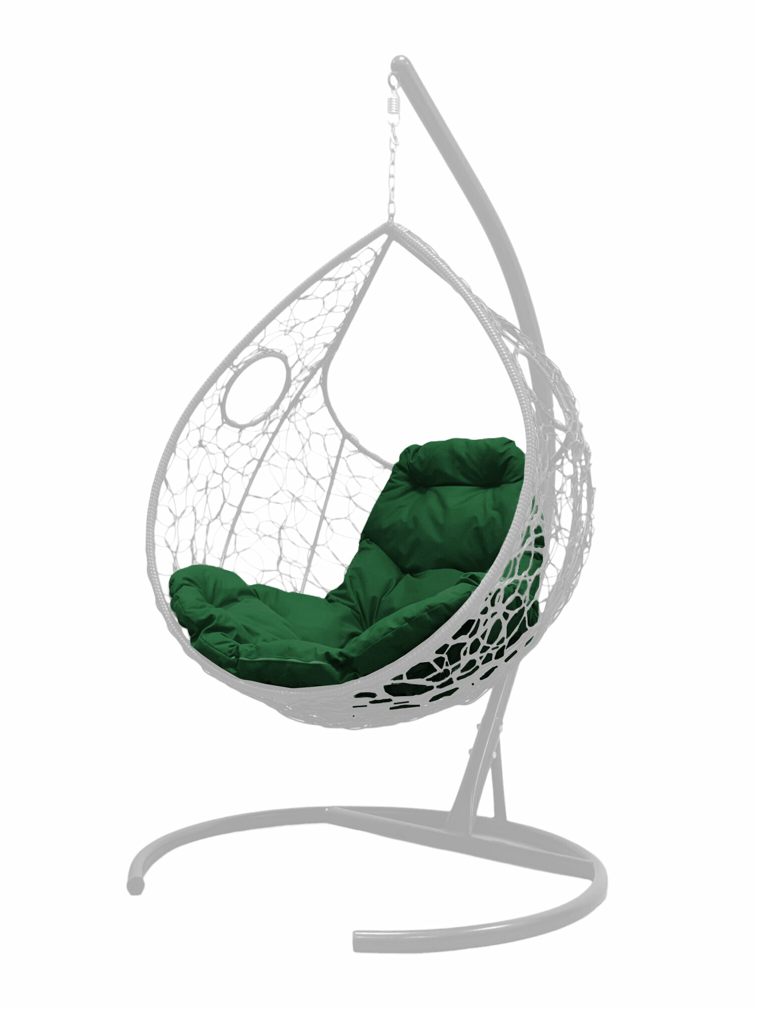 Подвесное кресло ротанг белое, зелёная подушка - фотография № 1