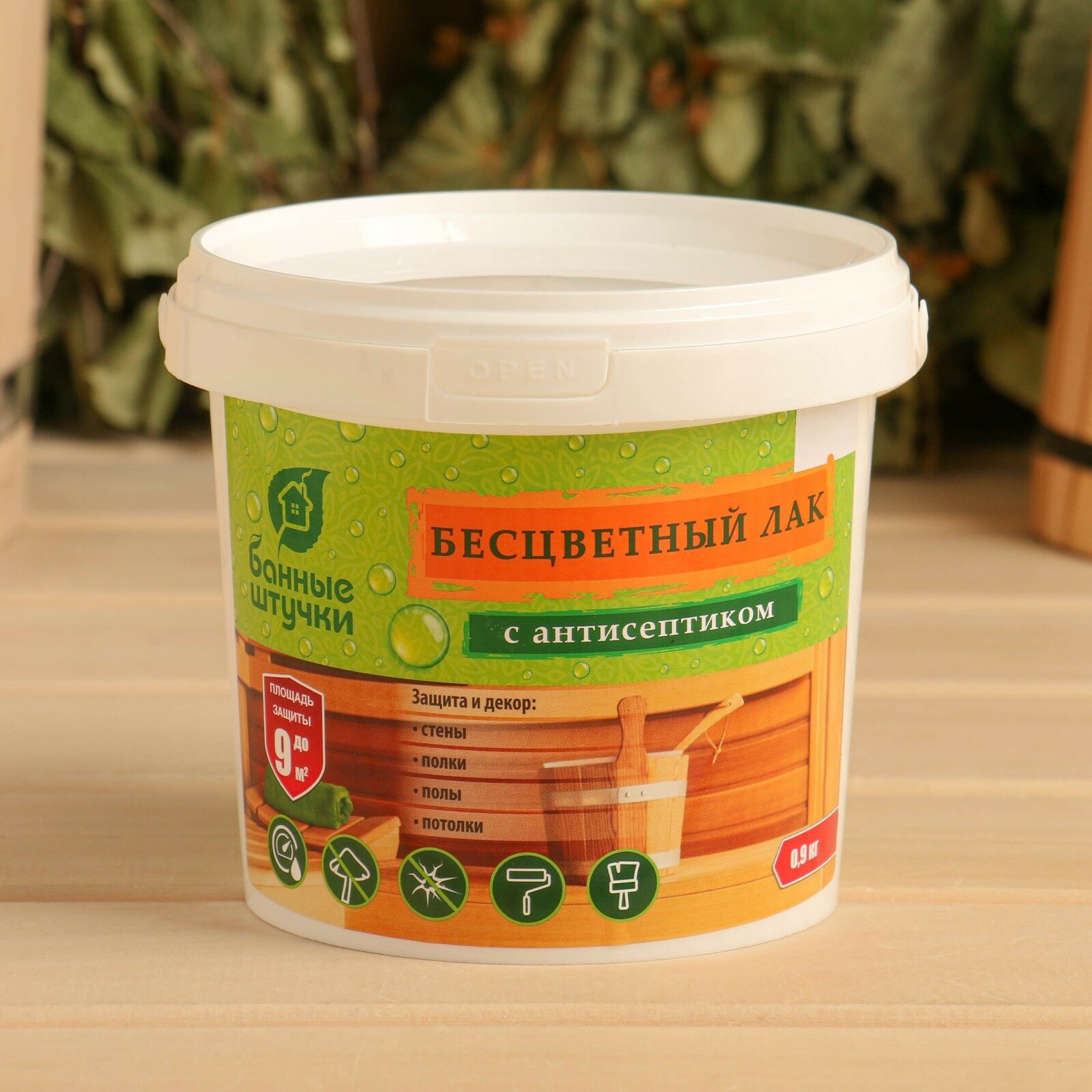 фото Лак бесцветный, для защиты и декоративной отделки деревянных поверхностей в бане и сауне 0,9